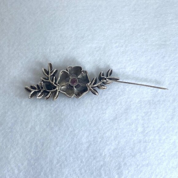 VTG Sterling Silver 925 Marcasite & Round Pink CZ Flower Leaf Foliage Brooch - Picture 8 of 16
